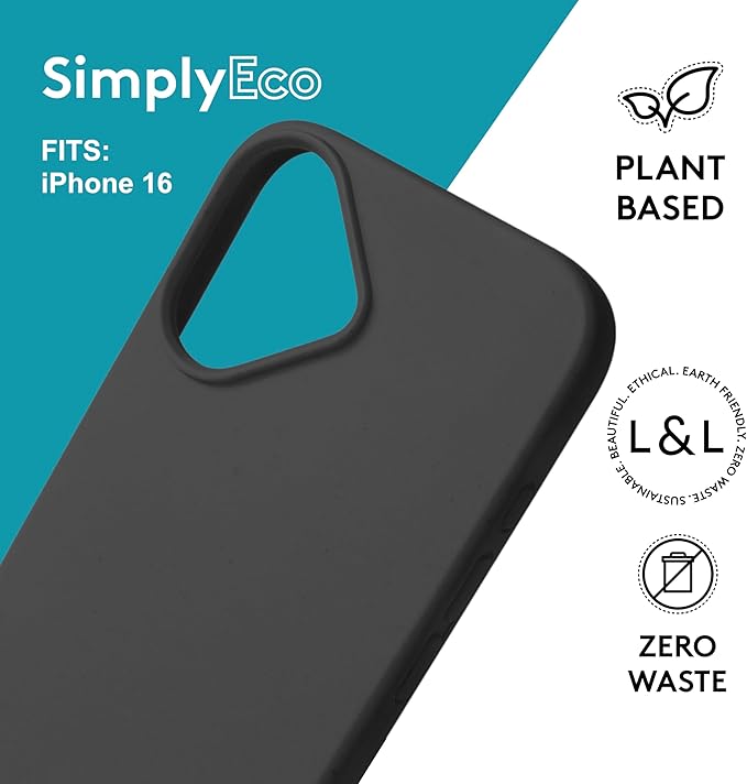 LOAM & LORE Biodegradable Phone Case for iPhone 16, Plastic Free Eco Friendly Phone Case, Plant Based Compostable iPhone 16, Premium Zero-Waste Phone Cover (Black)