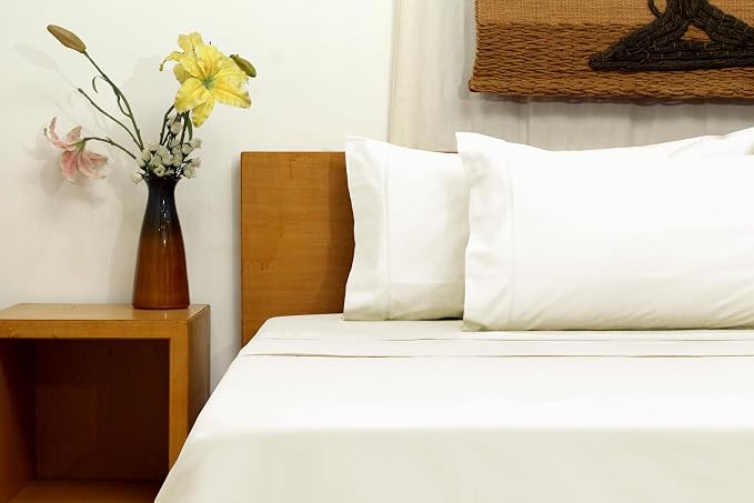 Organic Cotton Long Staple Silky Soft Single Pick Sateen Bed Sheet Set - Luxurious & Premium Hotel Quality - GOTS Certified - Solid Dyed (Natural, Queen (U.S. Standard))