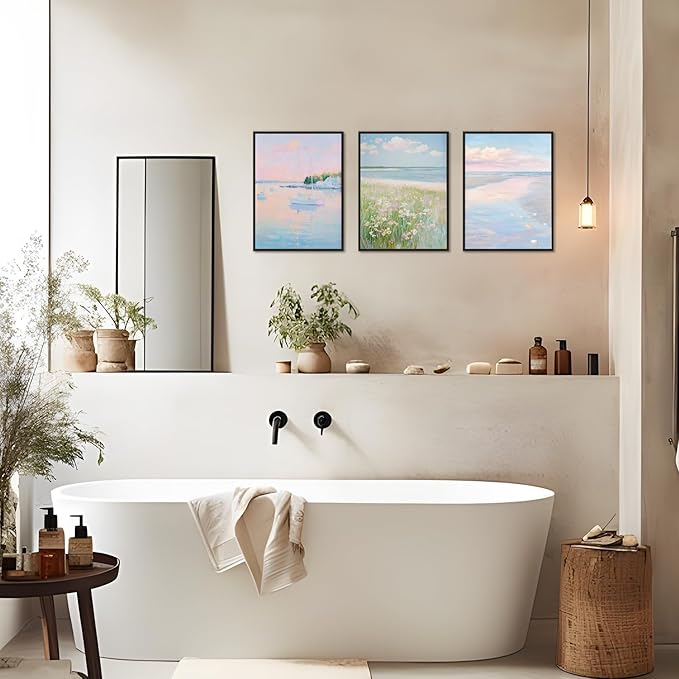 Coastal Pink Wall Art Set of 3 Maximalist Ocean & Beach Landscape Canvas Poster Trendy Sailboats Flowers Sunset Painting Pastel Picture Prints for Bedroom Home Decor 24x36inch Aluminum Framed