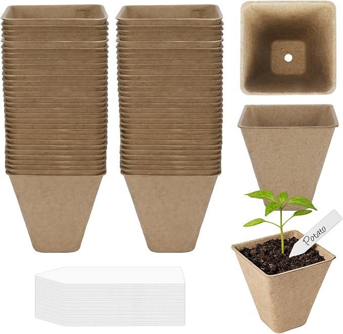 60Pcs 3.1 Inch Square Peat Pots - Nursery Pots with Drainage Holes for Seedlings - Biodegradable Seed Starting Pots with 60Pcs Plant Labels for Garden Plants