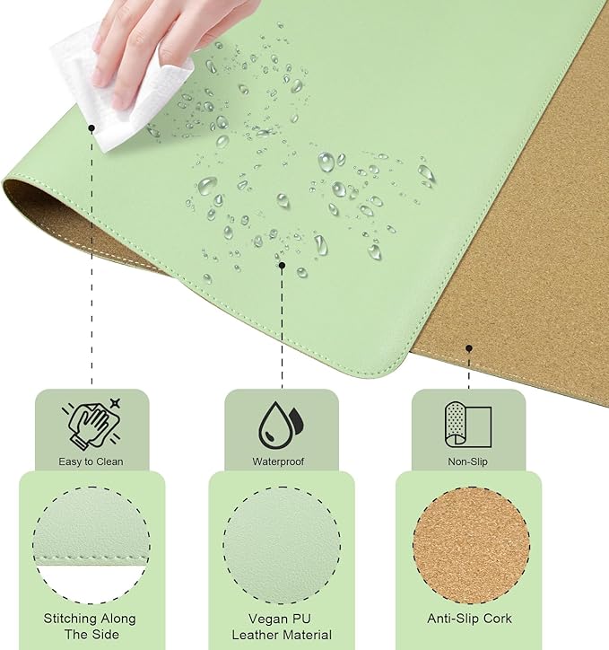 Dual-Sided Desk Pad, Natural Cork & PU Leather Mouse Pad for Desk, Desk Pad Protector, Non-Slip Desk Mat for Office and Home Work, (Light Green, 23.6" x 13.7")