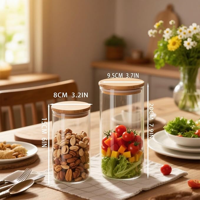 6Pack Glass Food Storage Containers with lids (1.5QT/0.8QT) | Glass Containers with Bamboo Lids for Overnight Oats, Coffee, Spices, Candies, Flour