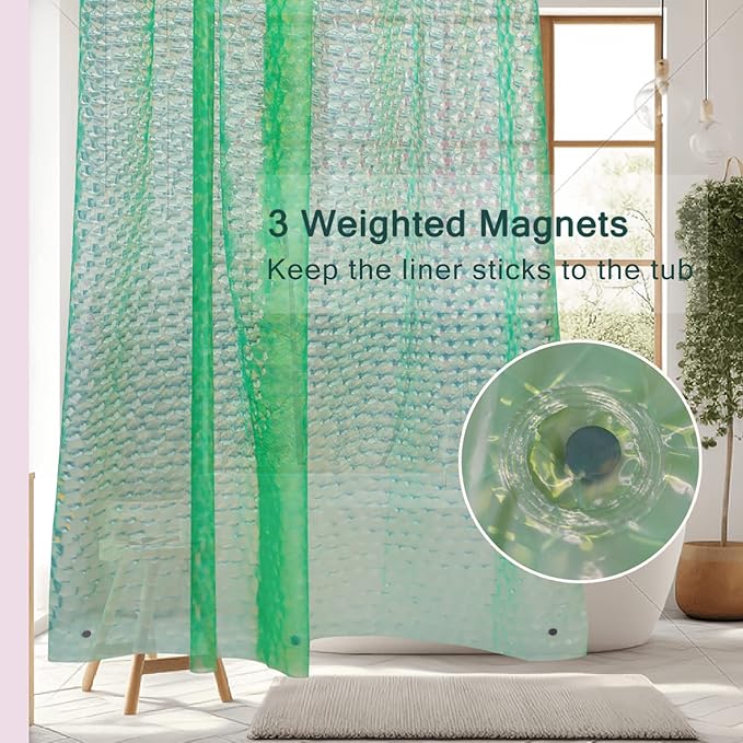 EVA Green Shower Curtain Liner, 3D Water Cube 5G Shower Liners with 12 Rustproof Metal Grommets and Weighted Magnets, Waterproof Duty for Bathroom 72 x 72