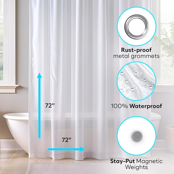 ZENO Clear Shower Curtain Liner – 72" x 72" Premium PEVA Liner with Rustproof Grommets & 3 Magnets – Waterproof, Lightweight Bathroom Curtain Set
