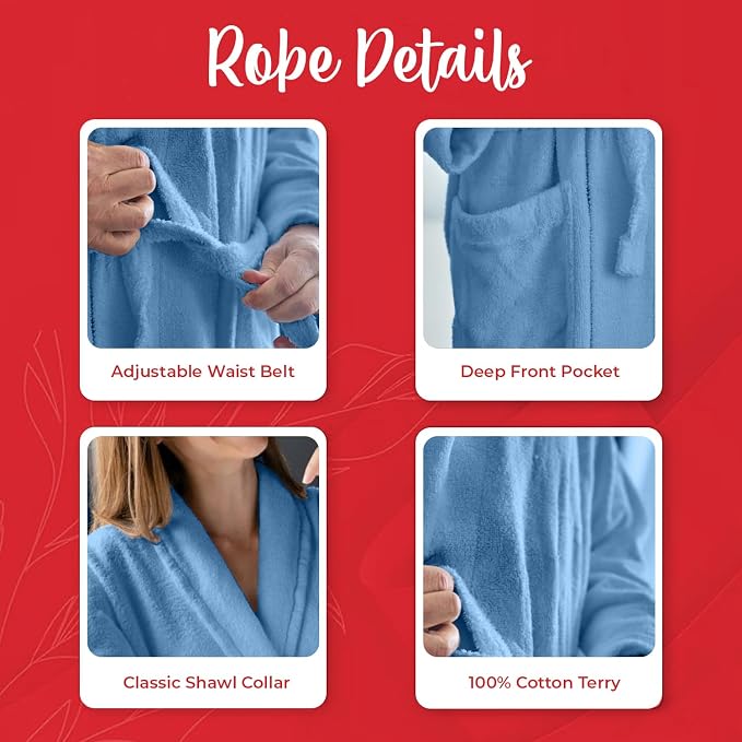 RIVERSIDE Premium 100% Cotton Terry Bathrobe For Women and Men - Soft Towel Robes with Shawl Collar Ajdustable Belt & Pockets