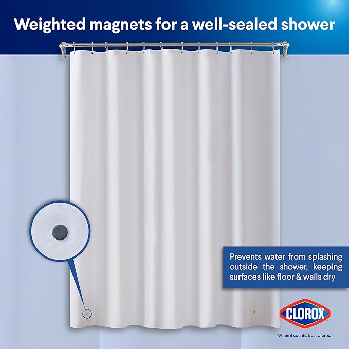 Clorox Shower Curtain Liner, Premium Lightweight Flexible Waterproof 3g PEVA for Bathroom with Weighted Magnets, Standard Size 70" x 72", Frosty 2 Pack