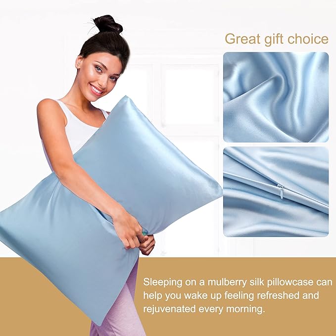 uxcell 1 Pack 100% Charmeuse Pure Silk Pillowcase for Hair and Skin, 350TC 19 Momme Soft Breathable Pillow Case with Hidden Zipper, Cyan Queen(20x30inch)