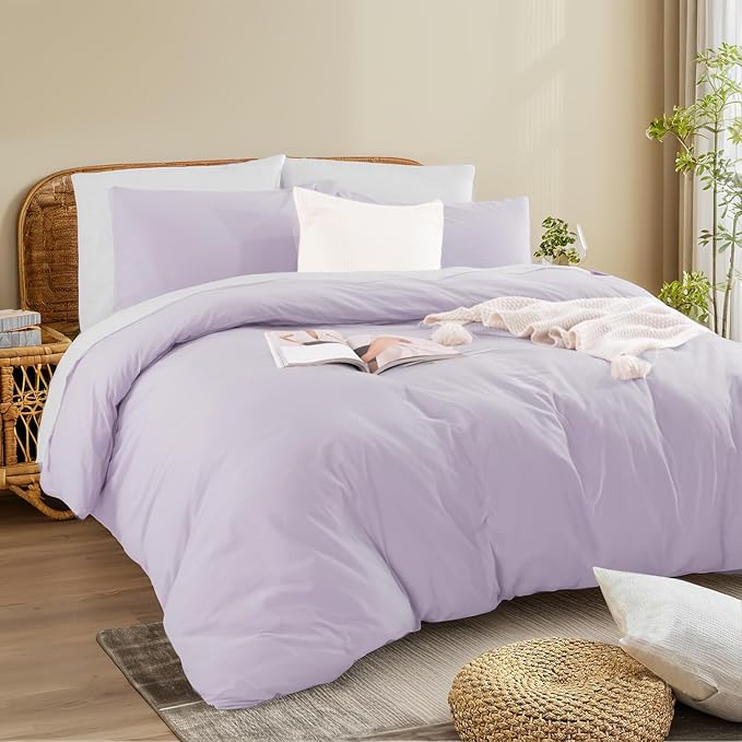 NEXHOME PRO Twin Duvet Cover Set, 100% Washed Cotton with Linen-Like Texture, Natural Organic, Breathable & Comfortable, Includes Home Bedding Set Lilac (No Comforter) 68"x90"