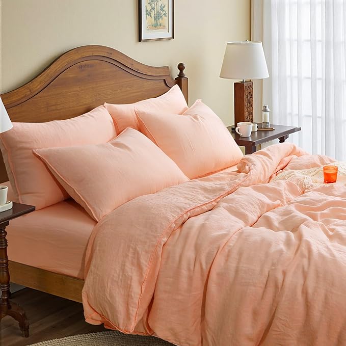S VICTORY SYMBOL 100% Organic Linen Duvet Cover Set 3PCS Queen Size,Stone Washed French Flax Bedding,1 Comforter Cover and 2 Pillowcases Solid Color Bedding Set(Peach Pink)