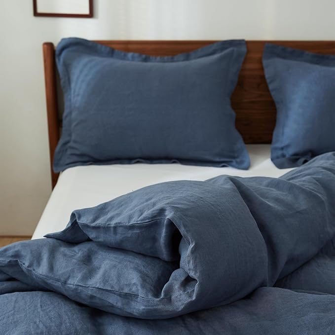 100% French Linen Pillow Shams Basic Style - Pack of 2 - Washed Solid Color Natural Flax Soft Breathable - Classic Blue, 20'' x 26''