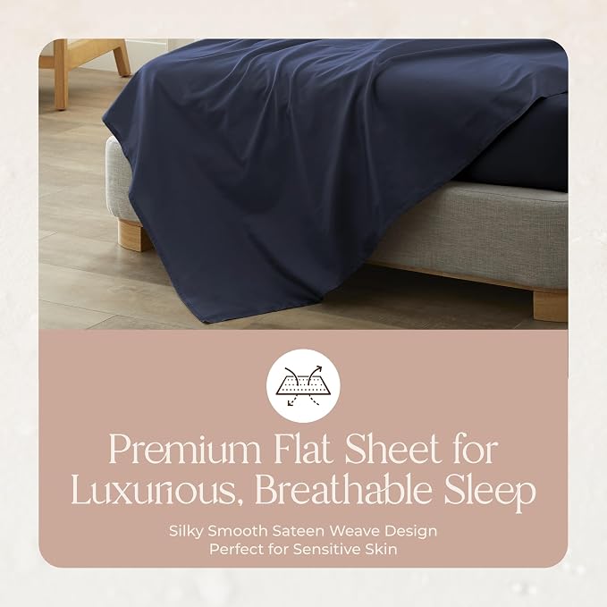Certified Organic Queen Flat Sheet Only - 100% Organic Cotton Top Sheet with Luxurious Soft and Breathable 300 Thread Count Sateen Weave Finish - GOTS & Fairtrade Certified (Navy, Queen)