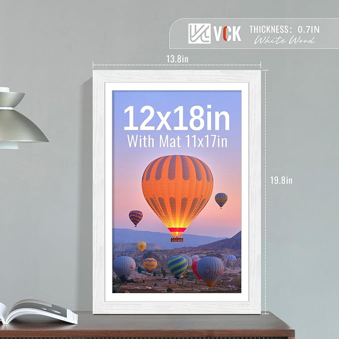VCK 12x18 Picture Frames White 3 Pack, Wide Border Wood, Tempered Glass, Display 11x17 Photo with Mat or 12 x 18 without, for Home, Office, Gallery, Woodgrain Series, Wall Hanging