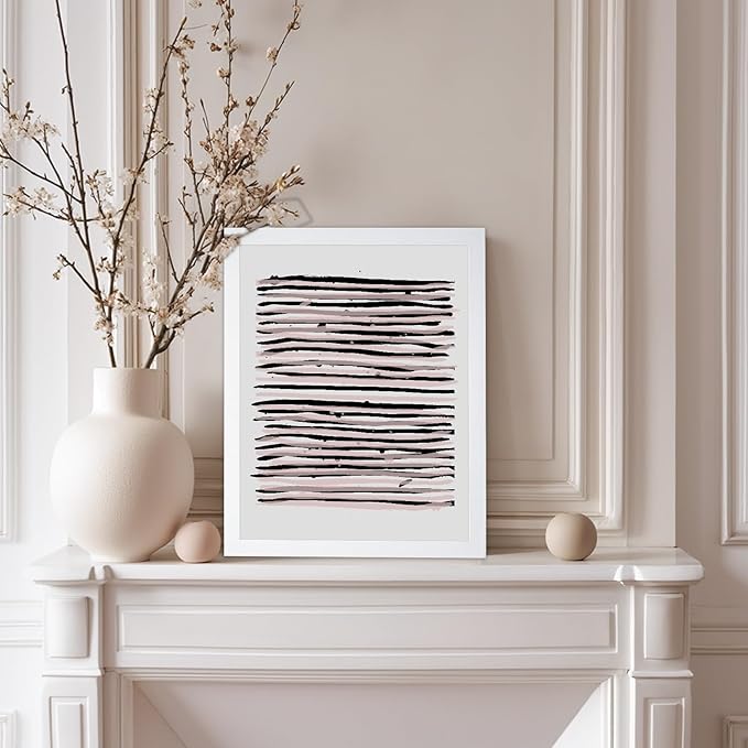 Monem Art Black and Blush Abstract Line Painting Print - Minimalist Scandinavian Art Poster - Wall Decor for Living Room, Bedroom or Office - 8x10 White Framed Wall Art by Mareike Bohmer