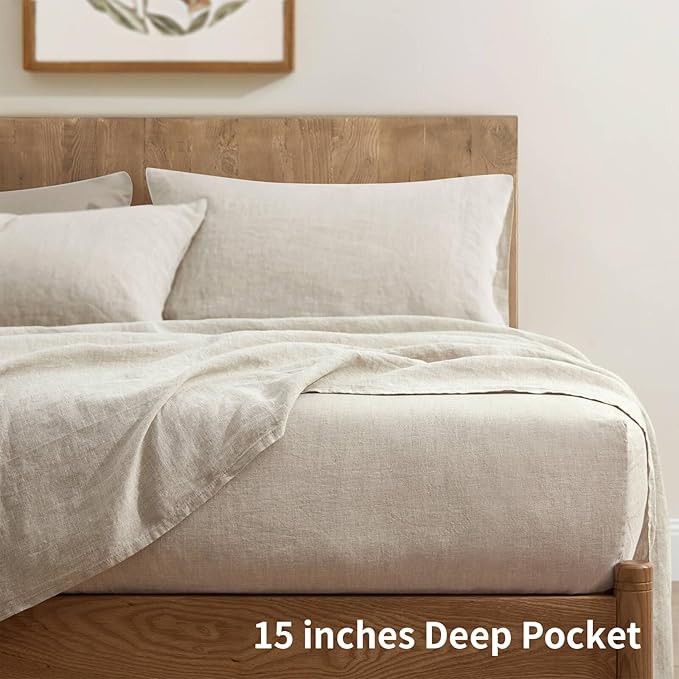 ATLINIA 100% Pure Flax Linen Bedding Set - Stone Washed French Linen Fabric Deep Pocket Fitted Sheet Farmhouse Flat Sheet 2 Pillowcases (Natural, Full)