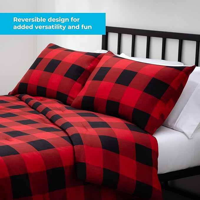 LINENSPA All Season Hypoallergenic Down Alternative Microfiber Comforter, Full, Red/Black
