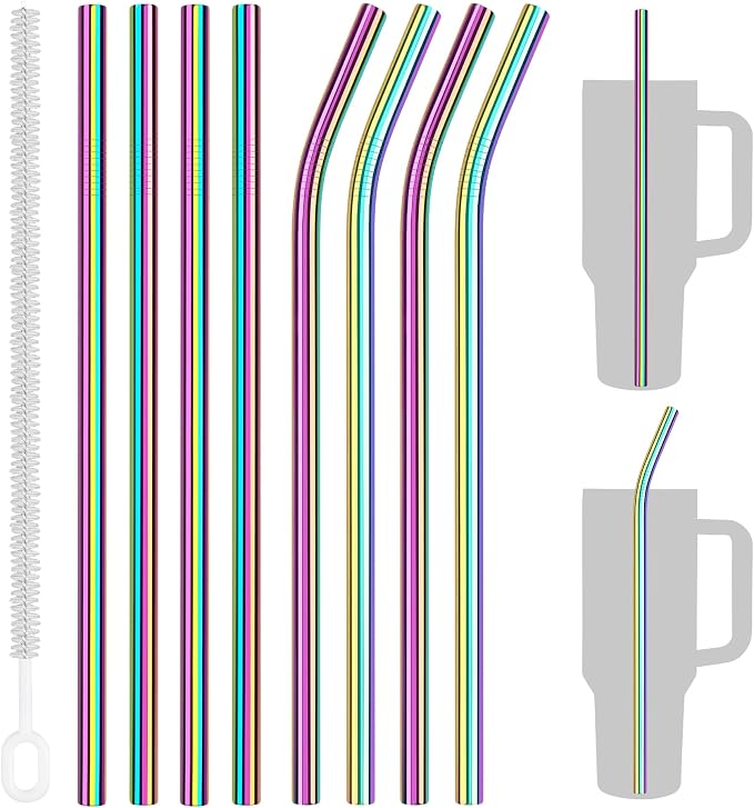 Tomorotec 8PCS Stainless Steel Straws Fit for 40oz Stanley Tumblers | 12" Reusable Drinking Straws with Brush, 4 Bent & 4 Straight Straw for Smoothies, Milkshakes, Dishwasher Safe (Metallic)