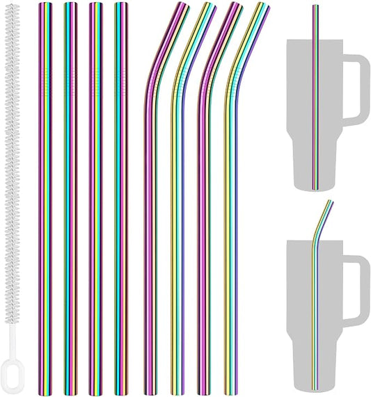 Tomorotec 8PCS Stainless Steel Straws Fit for 40oz Stanley Tumblers | 12" Reusable Drinking Straws with Brush, 4 Bent & 4 Straight Straw for Smoothies, Milkshakes, Dishwasher Safe (Metallic)