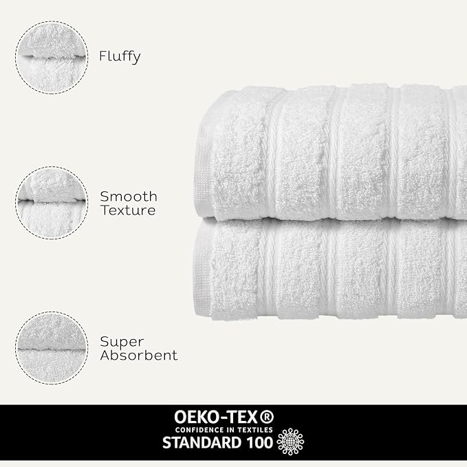 Briarwood Home Medley Bath Towels 2-Pack 27"x54", Soft, Quick-Dry, Super Absorbent, 100% Organic Cotton, Dobby Ribbed Border, Lightweight, Lint-Free, Fade-Resistant Bath, Gym, Spa - White