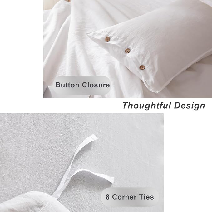 TOSMO 100% Linen Duvet Cover Set with Button Closure, 3 Pieces (1 Duvet Cover with 2 Pillowcases), Soft Breathable Durable Farmhouse Bedding - Full, White