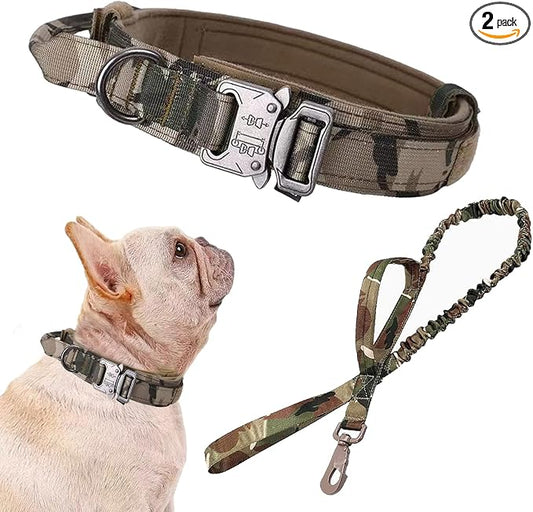 Tactical Dog Collar and Leash Set Adjustable Military Nylon Dog Collar with Control Handle and Heavy Duty Metal Buckle for Large Dogs（Camo S