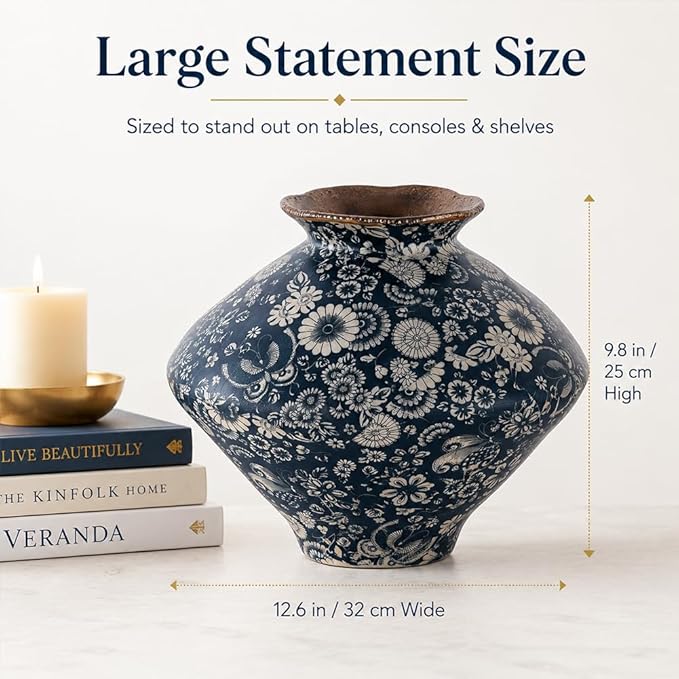Large Wabi Sabi Blue and White Vintage Ceramic Vase, 9.8" Rustic Pottery Vase for Centerpieces, Chinoiserie Decorative Flower Vases for Table, Living Room, Bathroom, Kitchen, Farmhouse Home Decor Gift