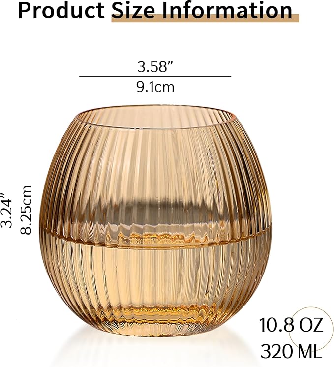 JOVGANK Brown Ribbed Drinking Glasses Set of 6-10.8 OZ Stemless Wine Champagne Whiskey Cocktail Glass, Reusable Wine Cups for Home Party Wedding Bar