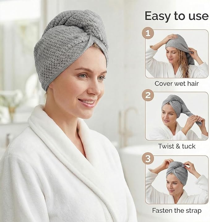 Microfiber Hair Towel Wrap for Women Extra Large Hair Turban Anti-Frizz Hair Drying Towel with Elastic Band for Curly Long Thick for Hair Bath Gym Travel Spa