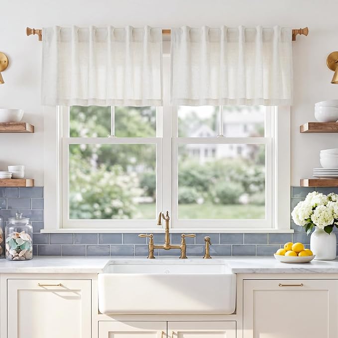 NICETOWN Linen Kitchen Curtains 18 inch Long, Light Filtering Privacy Small Cafe Curtains 55" W, Linen Textured Elegant Short Window Treatments for Farmhouse Home Decor