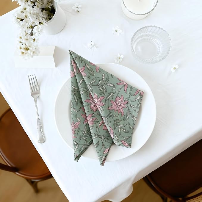 Floral Cloth Napkins Set of 12, 100% Cotton Reusable Dinner Napkins, Block Print Inspired, 18 x 18 Inch Table & Kitchen Napkins for Everyday Dining & Entertaining, Soft Green Floral