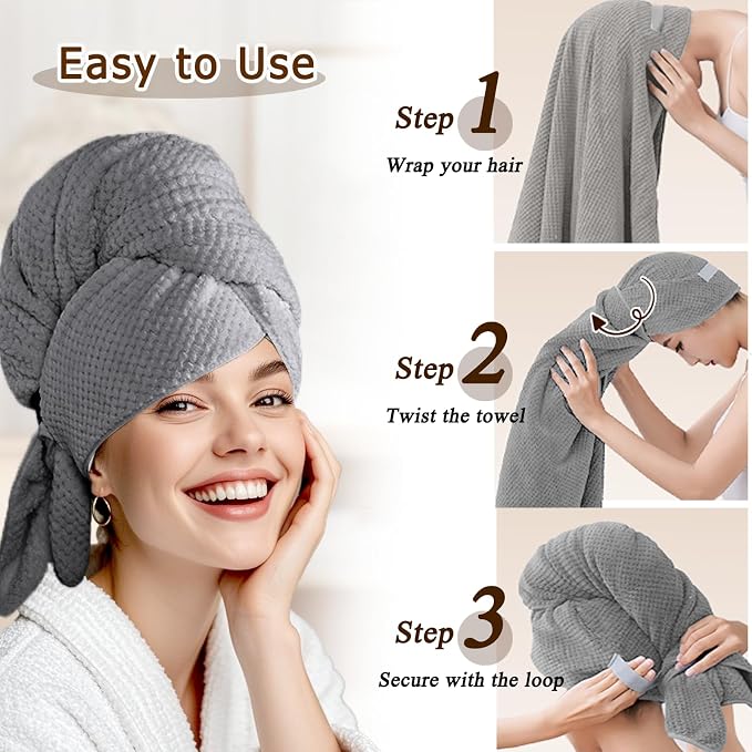 Large Hair Towel Wrap for Women, Quick-Dry Turban, Ultra Absorbent & Anti-Frizz, Ideal for Long, Thick & Curly Hair, Soft Lightweight Microfiber Drying Towel (24x42, Grey)