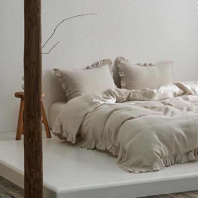 Simple&Opulence 100% Linen Euro Sham Covers with Ruffle, 26x26 Inch Pillow Covers Set of 2, Euro Pillow Shams for Bed Couch French Home Decor Luxury and Breathable Square Pillow Cases, Natural Linen