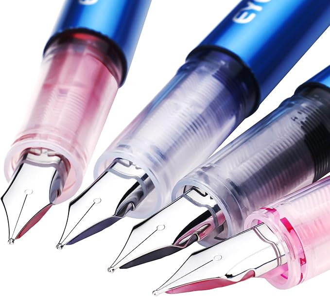 EYEYE Disposable Fountain Pens for Writing, Pack of 8 Black Fountain Pens Medium Point Stainless Steel Nib