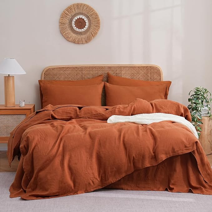 S VICTORY SYMBOL 100% Organic Linen Duvet Cover Set,Stone Washed Bedding Set Comforter Cover with Button Closure and Corner Ties(Caramel,Twin) Soft,Breathable