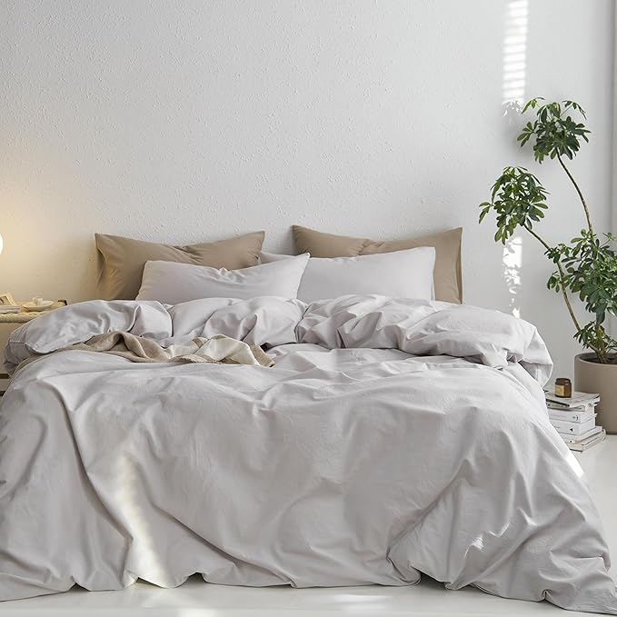 MooMee California King Duvet Cover Set, 100% Washed Cotton Linen Like Twill Thick Sturdy Material Super Soft Breathable Durable Bedding for All Season, 3 Pieces (Light Gray, Cal King 104"x98")
