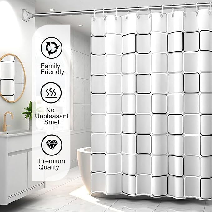 TIKABC Shower Curtain Liner, 4G PEVA Shower Liner, Plastic Waterproof Shower Curtains, with Grommet Holes and 3 Magnetic Weights(Black White Big Square)