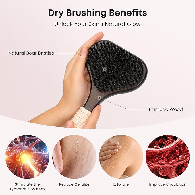 eaxun Bamboo Dry Brushing Set with Body and Face Brush, Dry Scrub Brush with Exfoliating Natural Boar Bristle for Lymphatic Drainage, Cellulite Reduction, Blood Circulation and Glowing Skin, 2 Pack