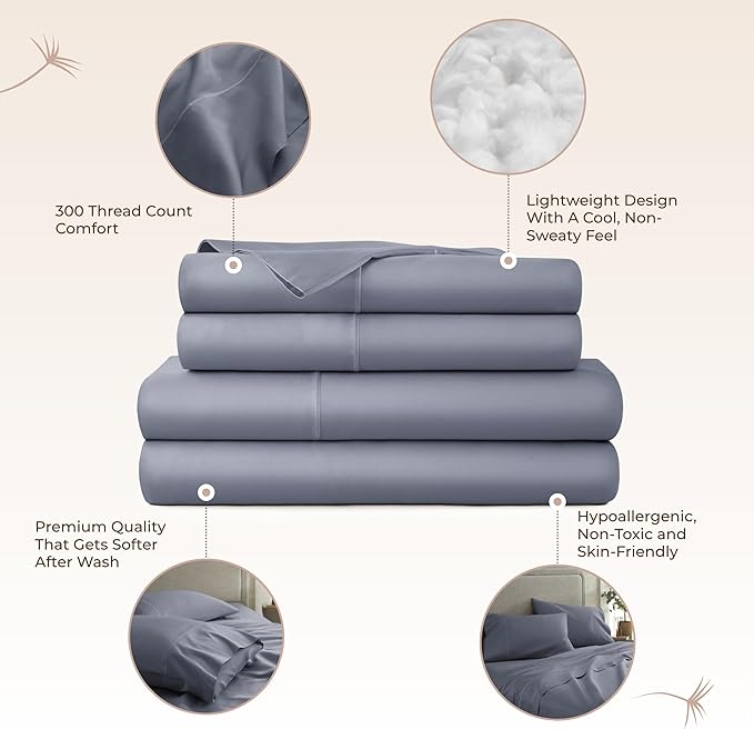 100% Organic Cotton Sheets Twin Size - GOTS Certified Organic Bed Sheets with Deep Pocket 300 Thread Count & Cozy Sateen Weave Gets Softer with Each Wash - Luxury 3 Piece Set (Mineral, Twin)