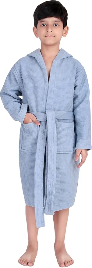 ALLEN & MATE 100% Cotton Waffle Terry Towel Hooded Kids Bathrobe – Soft Absorbent Medium Weight Swim Robe for Boys & Girls