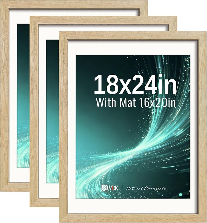 VCK 18x24 Poster Frames Natural - 3 Pack, Wide Border Solid Wood, Display 16x20 Photo with Mat or 18 x 24 Picture Without, for Home, Office, Gallery, Woodgrain Series, Wall Hanging
