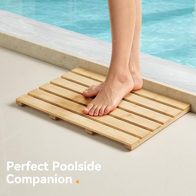 Bamboo Bath Mat, Non-Slip Waterproof Shower Mat with Rubber Feet Luxury Spa-Grade Wooden Floor Mat for Bathroom, Bathtub, Sauna, Indoor & Outdoor Use
