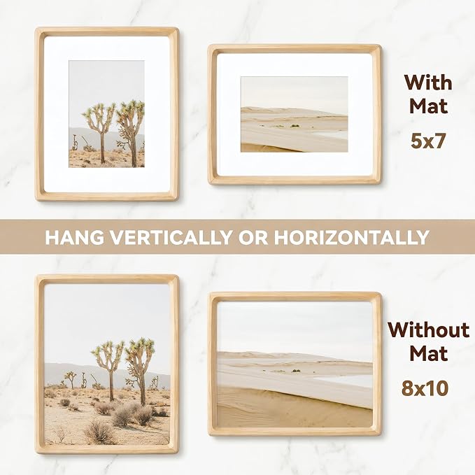 8x10 Picture Frame Set of 2, USA-Sourced Maple Wood Photo Frame with HD Tempered Glass, Handcrafted Rounded Corner 8 x 10 Wooden Frames Matted to 5x7 Photos, 8x10 Frames, Tabletop or Wall Display