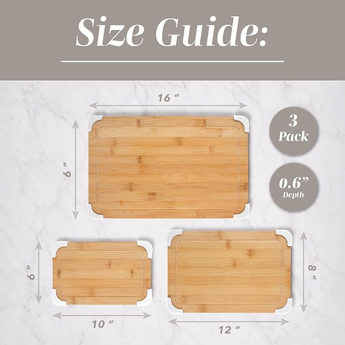 COOK WITH COLOR Non-Slip Cutting Board Set – Kitchen Essentials with Easy Grip Handle for Meat, Veggies, and Fruits, 3 Cutting Boards, Bamboo Non-Slip White