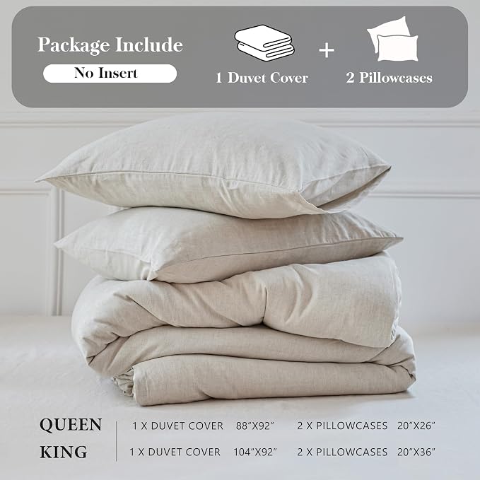 Simple&Opulence Linen Duvet Cover Set Queen Size - French Linen Cotton Woven Blend in Natural Beige, 3 Pieces (1 Comforter Cover 88x92” + 2 Pillowcases), Soft & Breathable All-Season Farmhouse Bedding