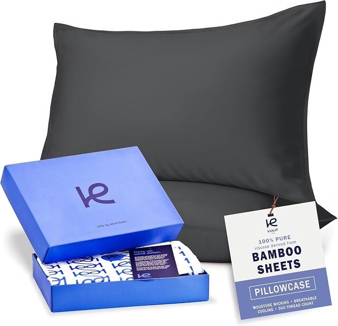 Kickoff Viscose Bamboo Pillowcase, Standard, Set of 2, 100% Organic Hidden Zippered Viscose Bamboo Pillow Case Standard Size, Cooling Pillow Cover for Hot Sleepers (20"x26" Pewter)