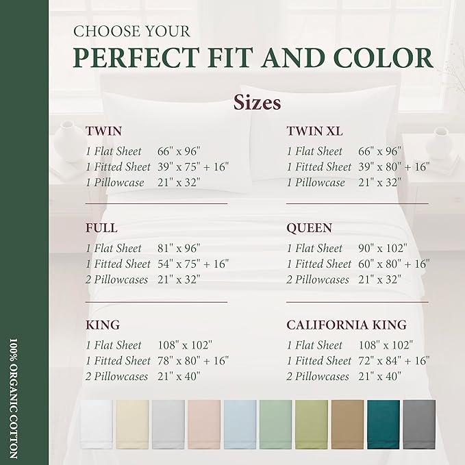 100% Organic Cotton Sheets Queen Size - Organic Cotton Queen Size Percale Weave Sheet Set (4 PC, Sea Foam), Soft, Cooling, Crisp & Breathable, 16" Deep Pocket Hotel Quality Bedding Set