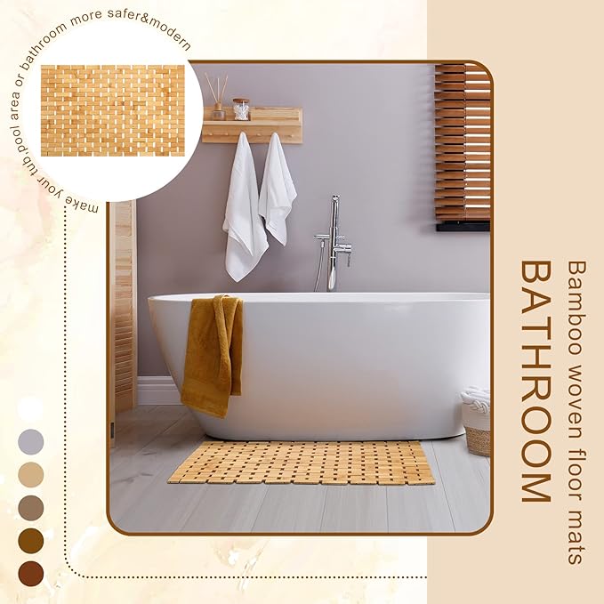 2 Pcs Bamboo Bath Mat Bathroom Rugs Floor Wood Shower Mat Non Slip Waterproof Wooden Shower Rug with Nonskid Silicone Pads for Bathroom Floor Spa Bathtub Kitchen(24 x 16 inches)