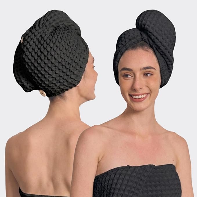 Luxury Organic Japanese Cotton Hair Drying Waffle Towel Wrap for Women | Absorbent, Quick-Dry Head Turban for Shower, Sauna, Spa | Extra Large for Long, Curly, Straight Hair With Button (Black, 2 Pc)