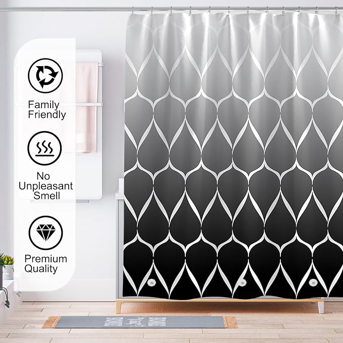 TIKABC Black Shower Curtain Liner, 4G PEVA Shower Liner, Plastic Peva Waterproof Shower Curtains, 72x72 inch with Grommet Holes 3 Magnetic Weights