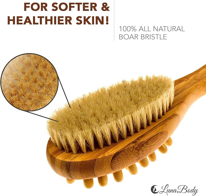 Bamboo Body Brush for Back Scrub - Natural Boar Bristle Shower Brush Scrubber with Long Handle - Exfoliate Skin and Cellulite - Wet or Dry