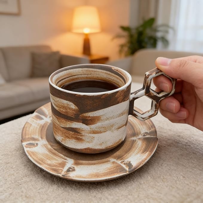 Ceramic Coffee Cup Set with Saucer and Spoon, Vintage Design Handmade Lead-Free Ceramic Artistic Latte Cappuccino Barista Espresso Tea Cup with Saucer, Coffee Cup, Tea Cup, Milk Tea Cup
